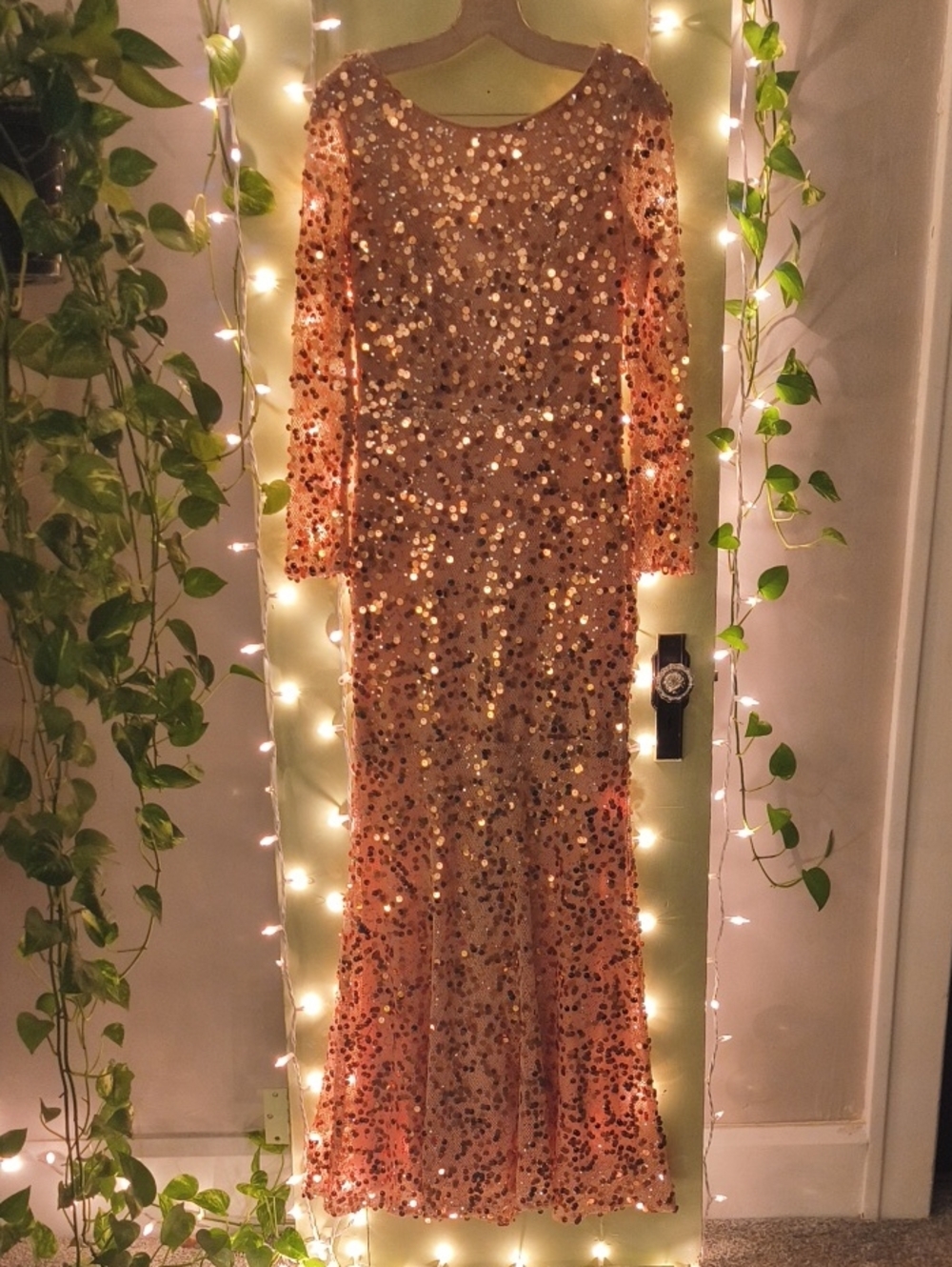 Women's Maniju Nude Beige Rose Bronze Sequin Fishnet Long Sleeve Evening Gown S
